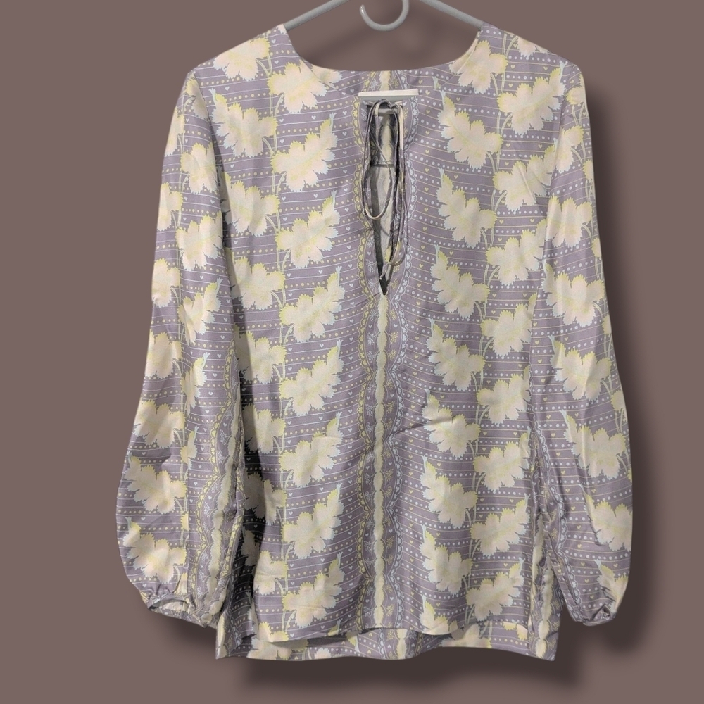 Elliette Purple Green Floral Heart Printed 100% Silk Blouson Sleeve Blouse